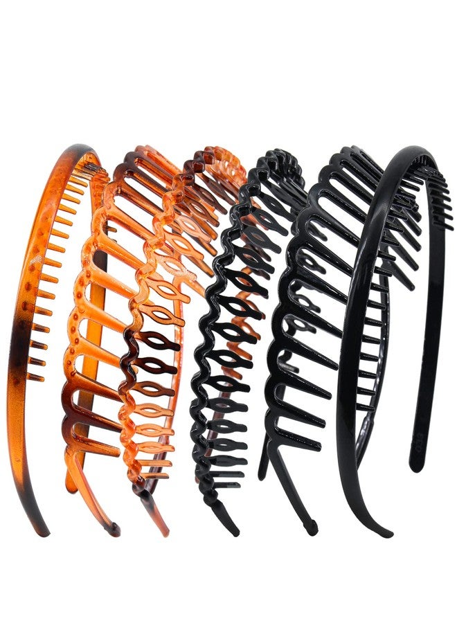 يشان أطواق شعر يشان بتصميم أسنان مشط للنساء والفتيات، أطواق شعر بتصميم أسنان القرش المتعرجة، أطواق شعر بلاستيكية مانعة للانزلاق باللونين الأسود والبني، حلقات شعر رفيعة، عبوة من 6 قطع - Image 1